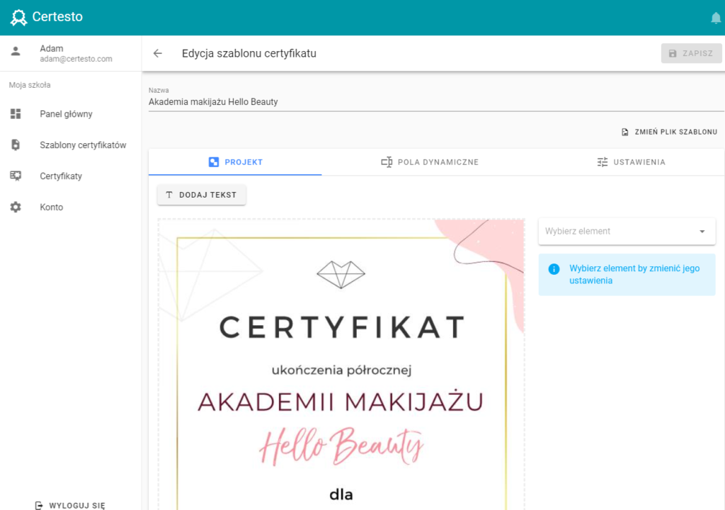 Zrzut ekranu: Jak automatycznie wystawić imienne certyfikaty wielu kursantom?