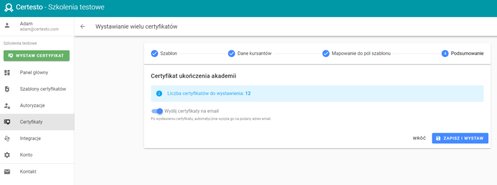 Zrzut ekranu: Jak automatycznie wystawić imienne certyfikaty wielu kursantom?