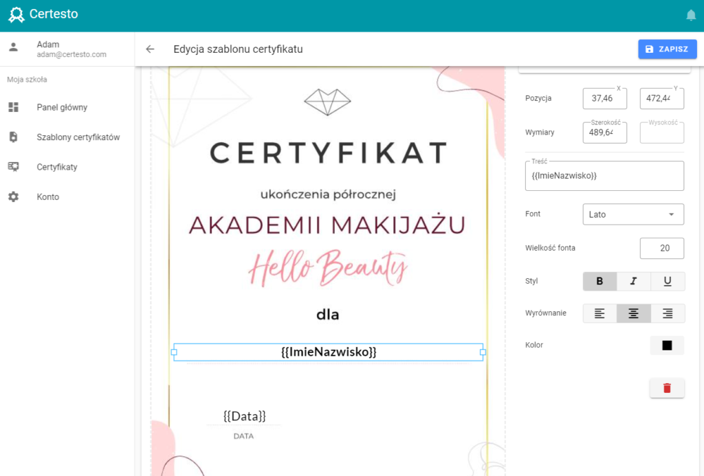 Zrzut ekranu: Jak automatycznie wystawić imienne certyfikaty wielu kursantom?