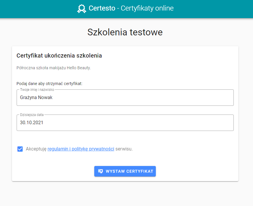 Zrzut ekranu: Jak automatycznie wystawić imienne certyfikaty wielu kursantom?
