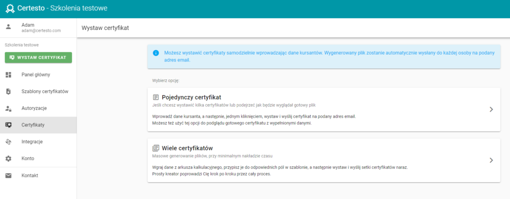 Zrzut ekranu: Jak automatycznie wystawić imienne certyfikaty wielu kursantom?