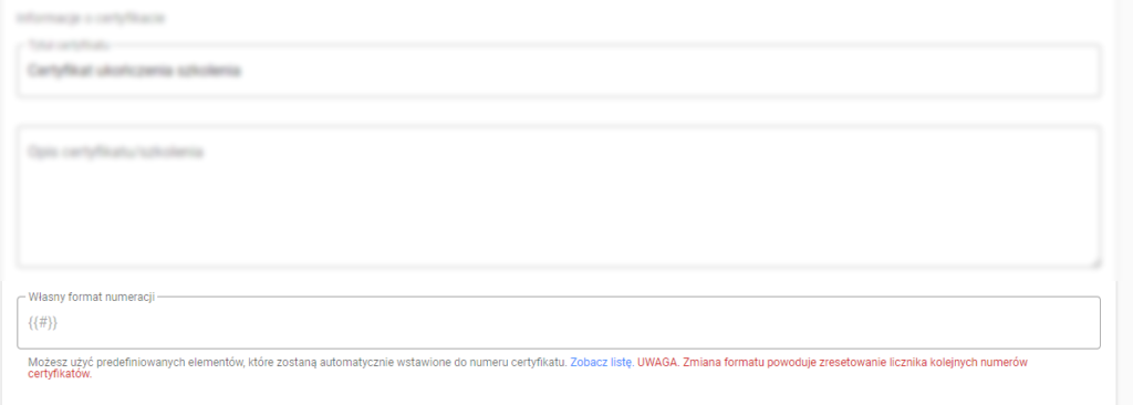 Własny format numerowania certyfikatów
