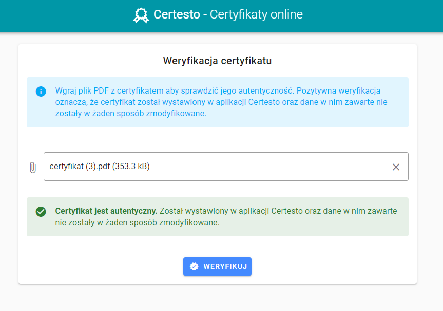Potwierdzenie autentyczności certyfikatu