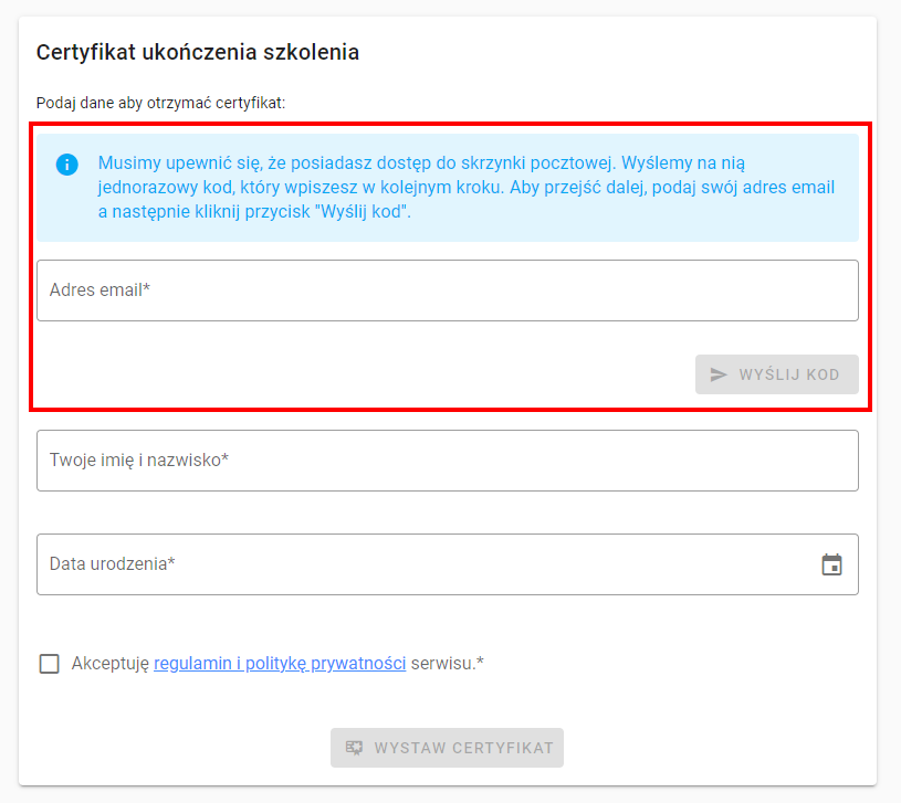 Weryfikacja adresu email odbiorcy certyfikatu