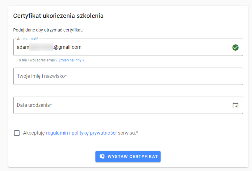 Weryfikacja adresu email odbiorcy certyfikatu