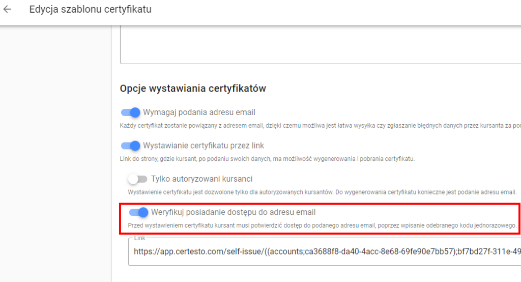 Weryfikacja adresu email odbiorcy certyfikatu