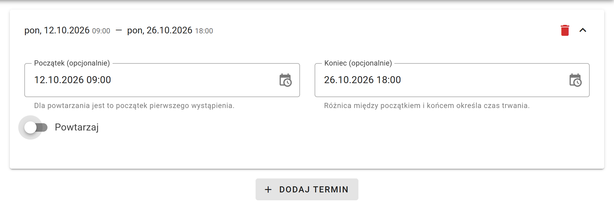 Pojedynczy przedział zapisów z ustawioną datą i godziną początku oraz końca