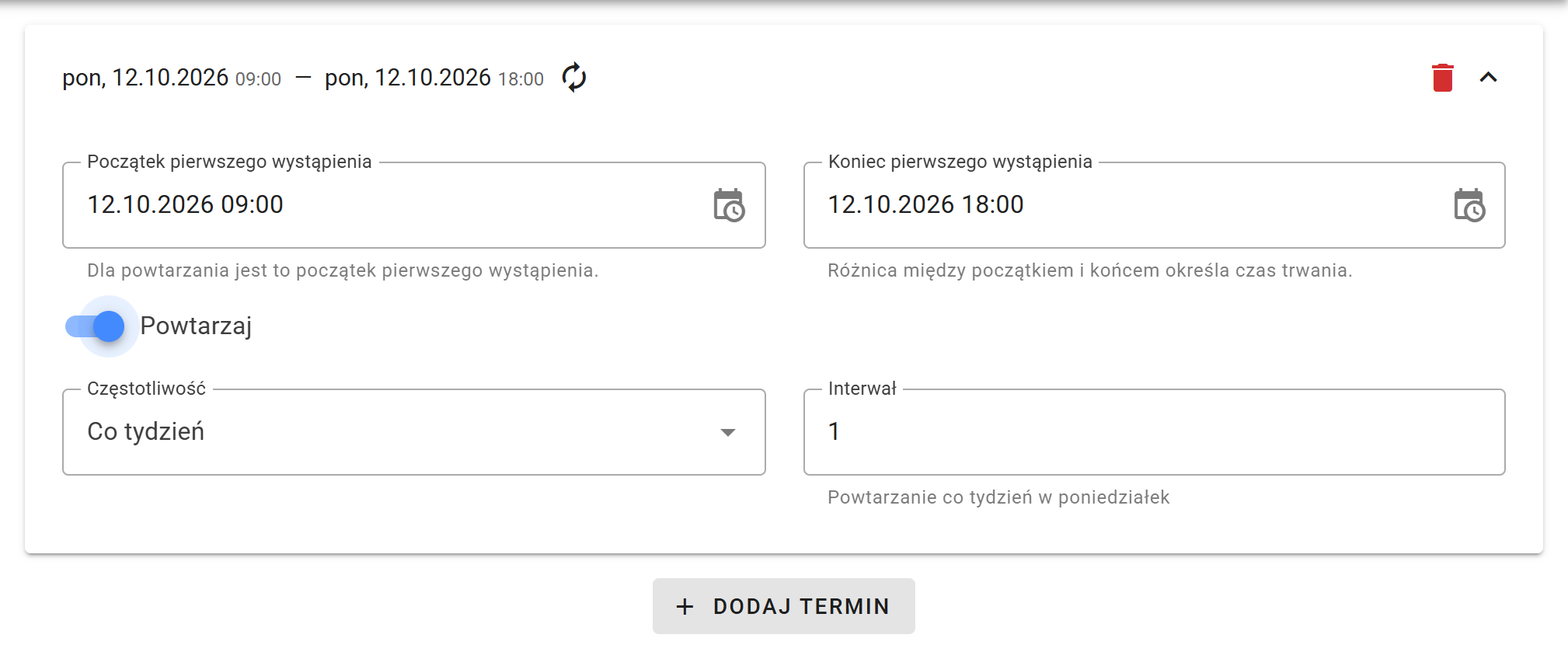 Harmonogram powtarzany co tydzień z interwałem 1 i godzinami pierwszego wystąpienia