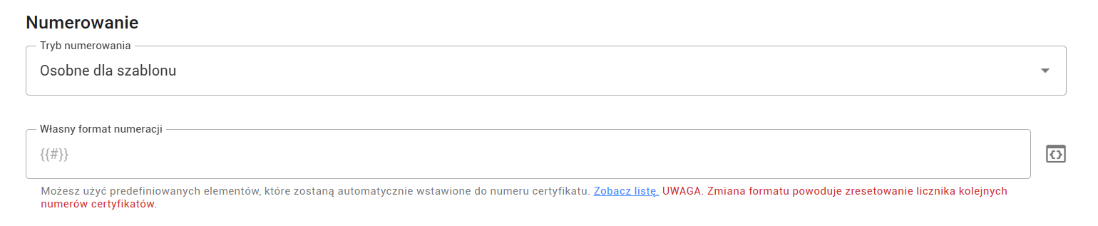 Jak korzystać z szablonów certyfikatów? — format numeracji