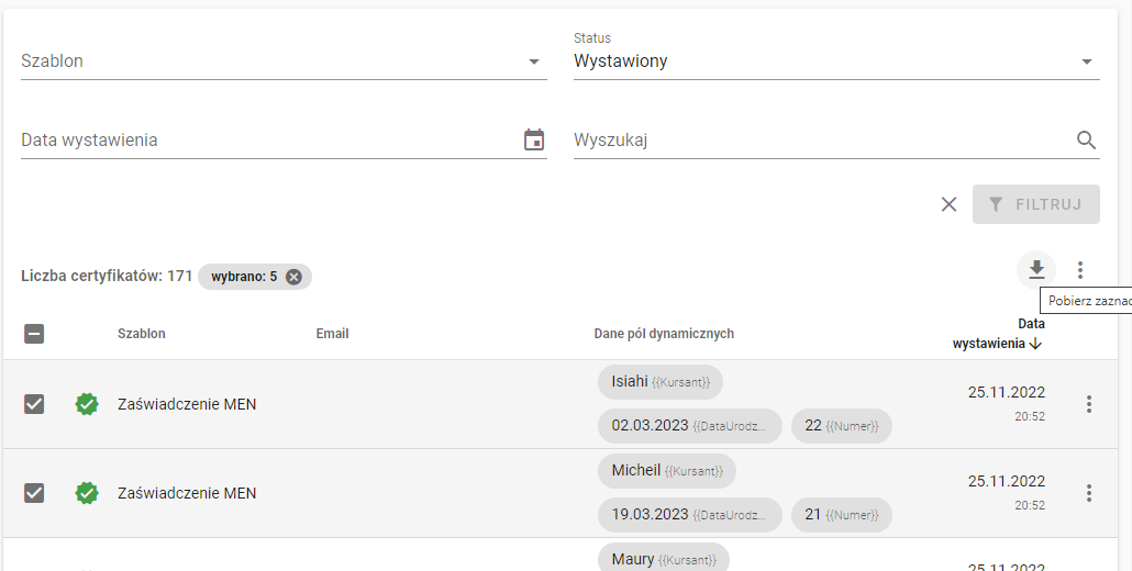 Lista certyfikatów — pobieranie wielu pdf