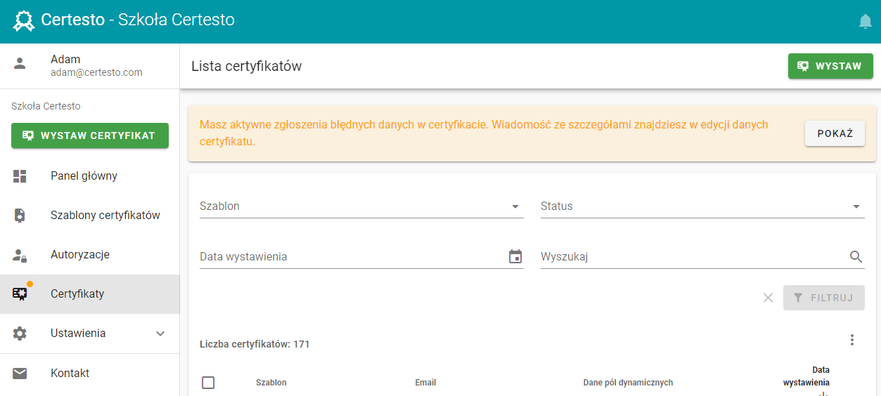 Obsługa zgłoszenia błędnych danych — powiadomienie o zgloszeniu