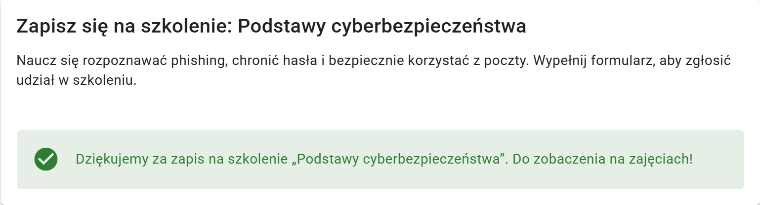 Potwierdzenie przyjęcia zgłoszenia z własną wiadomością organizatora szkolenia