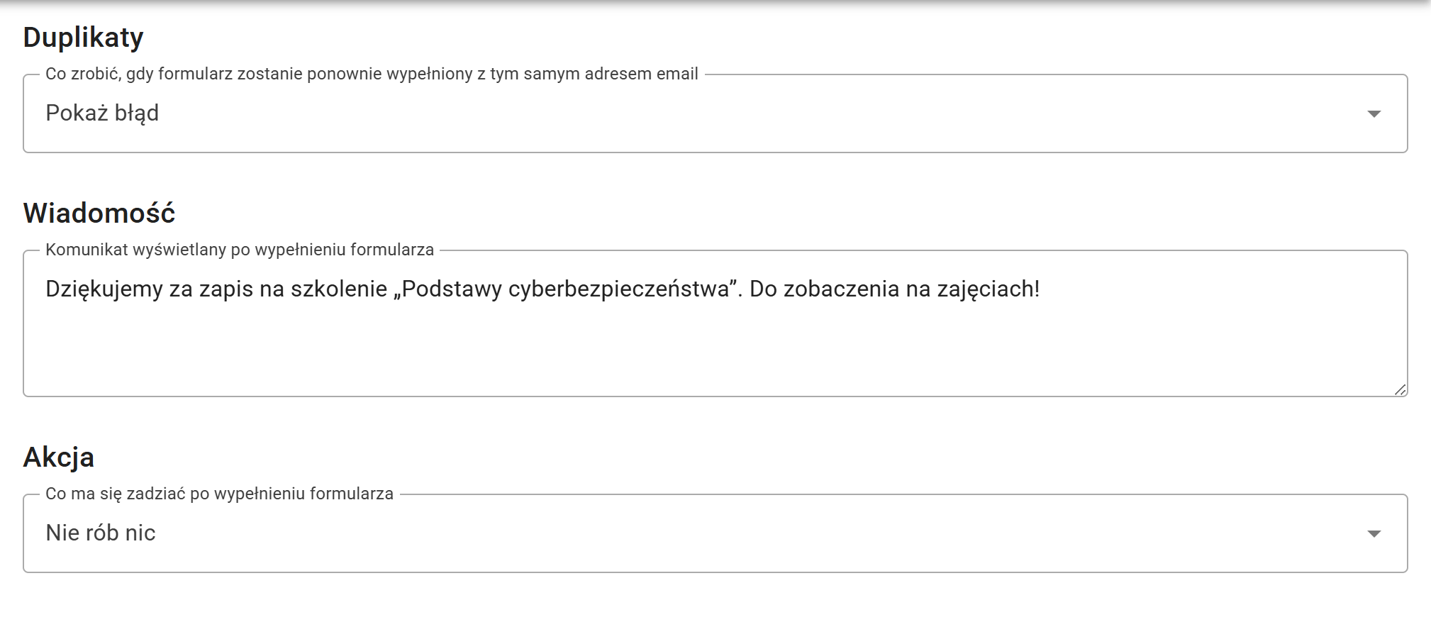 Zakładka Po wypełnieniu z ustawieniami duplikatów, wiadomości i akcji po zapisie