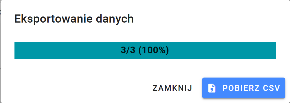 Zakończony eksport trzech zgłoszeń i przycisk Pobierz CSV