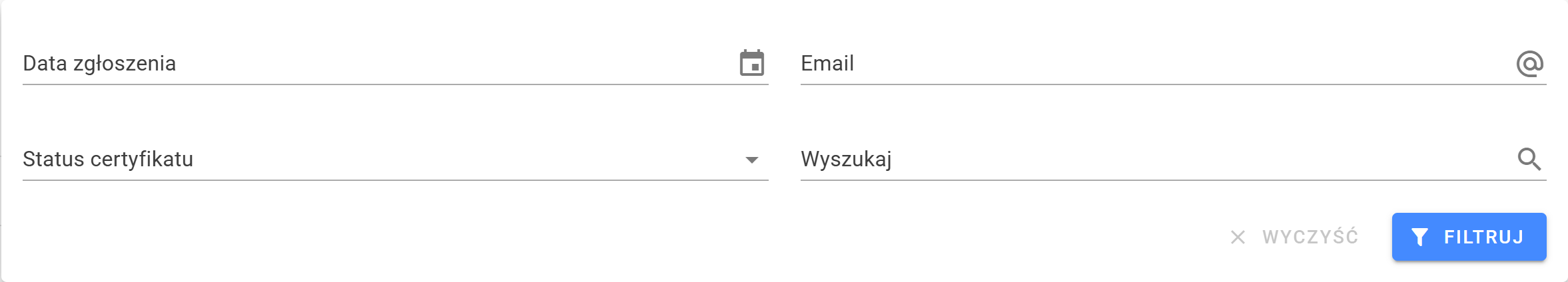 Filtry listy zgłoszeń: data, e-mail, status certyfikatu i wyszukiwana treść