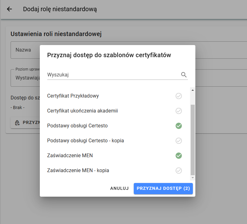 Role niestandardowe — wybor szablonow