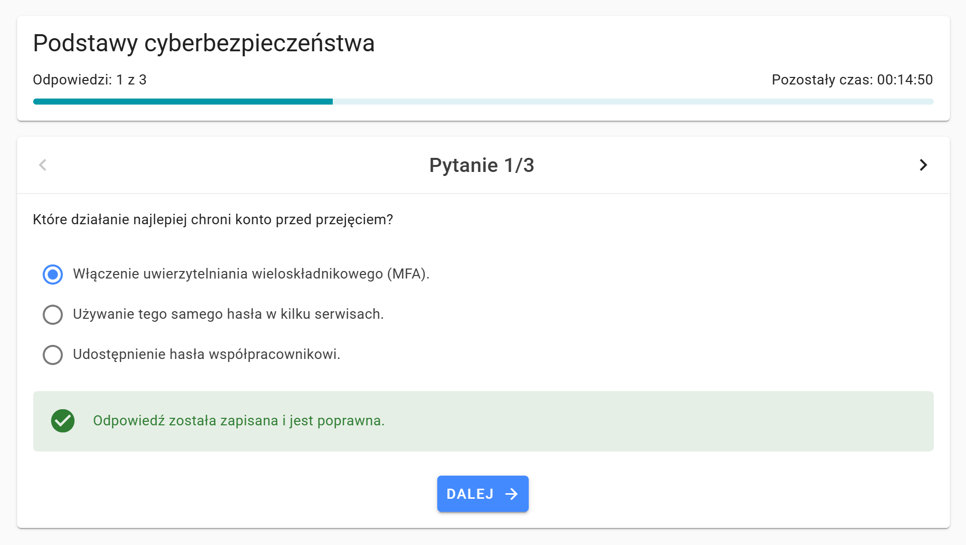 Pytanie testowe widziane przez uczestnika szkolenia