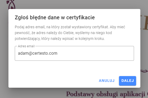 Zrzut ekranu: Strona certyfikatu