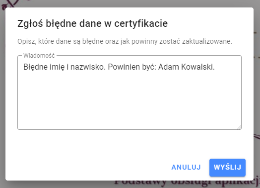 Zrzut ekranu: Strona certyfikatu