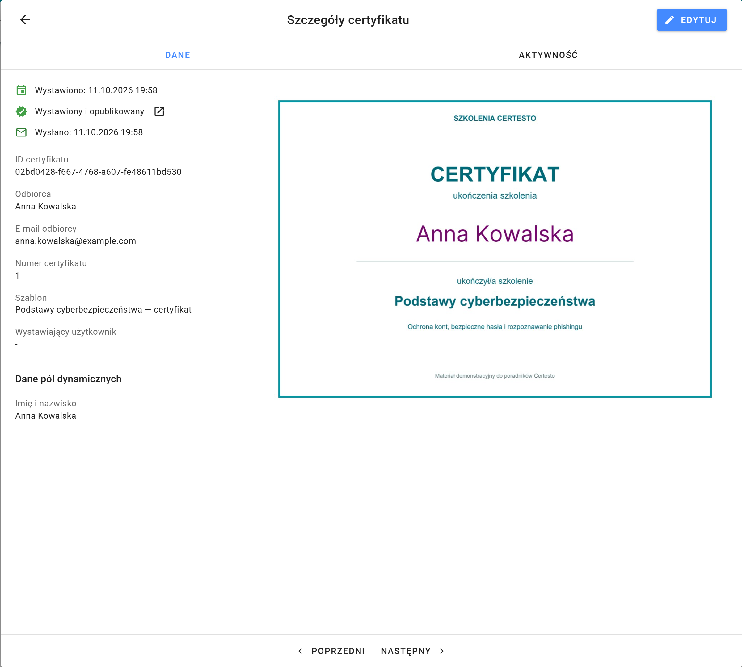 Zakładka Dane: informacje o certyfikacie i zapisany dokument