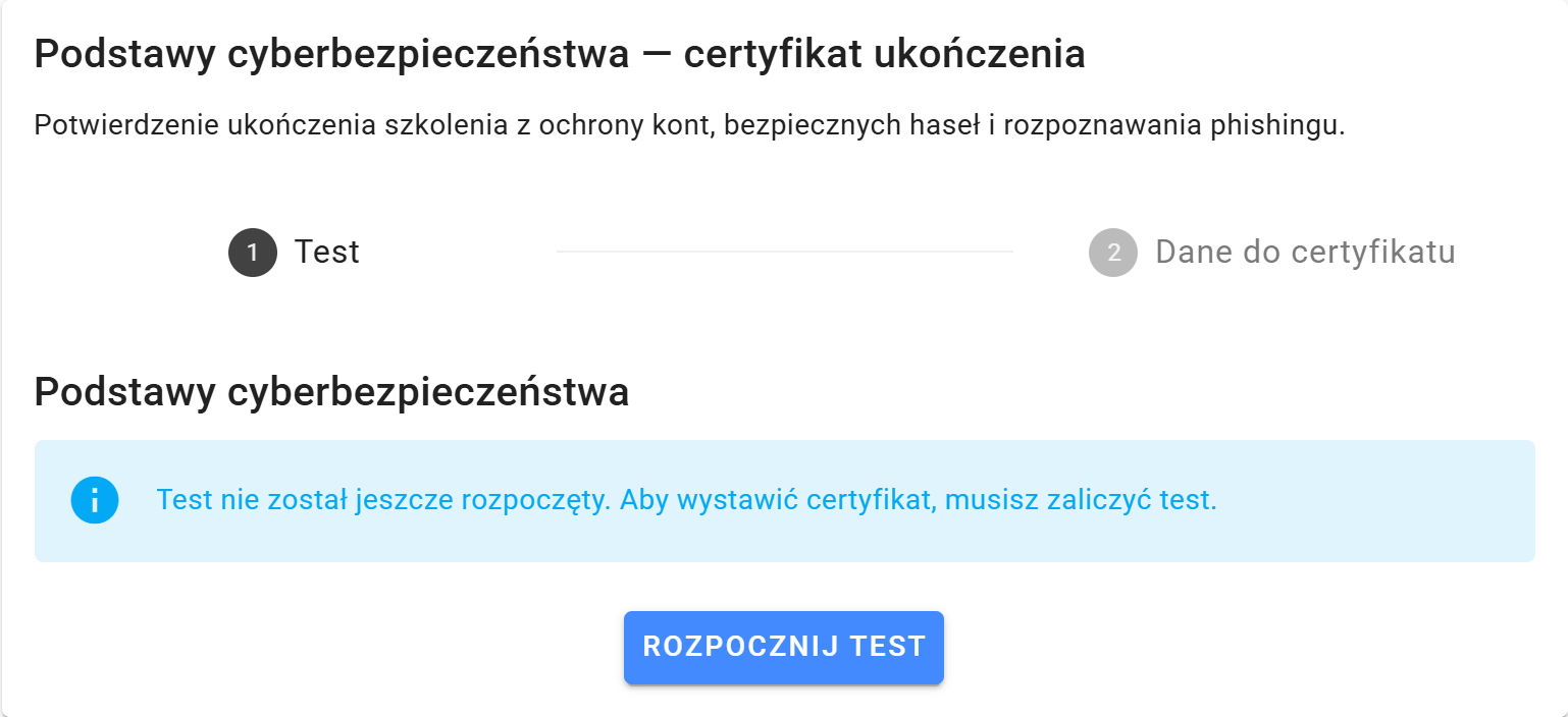 Krok testu wymaganego przed podaniem danych do certyfikatu