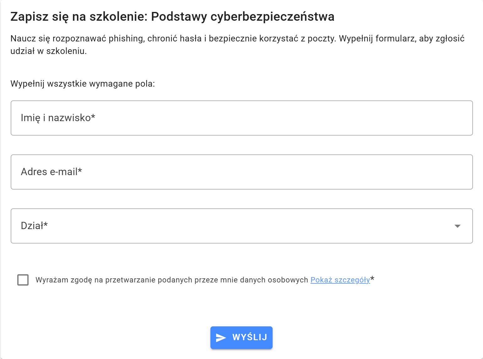 Publiczny formularz zapisów z polami imienia i nazwiska, adresu e-mail oraz działu, uzupełniony fikcyjnymi danymi