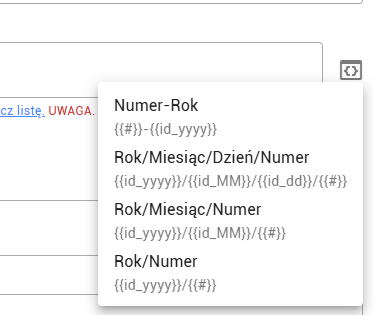 Ustawienia numerowania — formaty numeracji