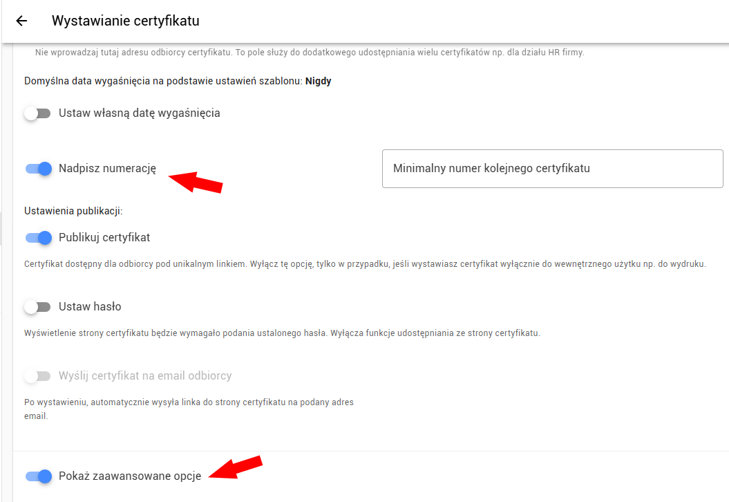 Ustawienia numerowania — nadpisywanie numeru
