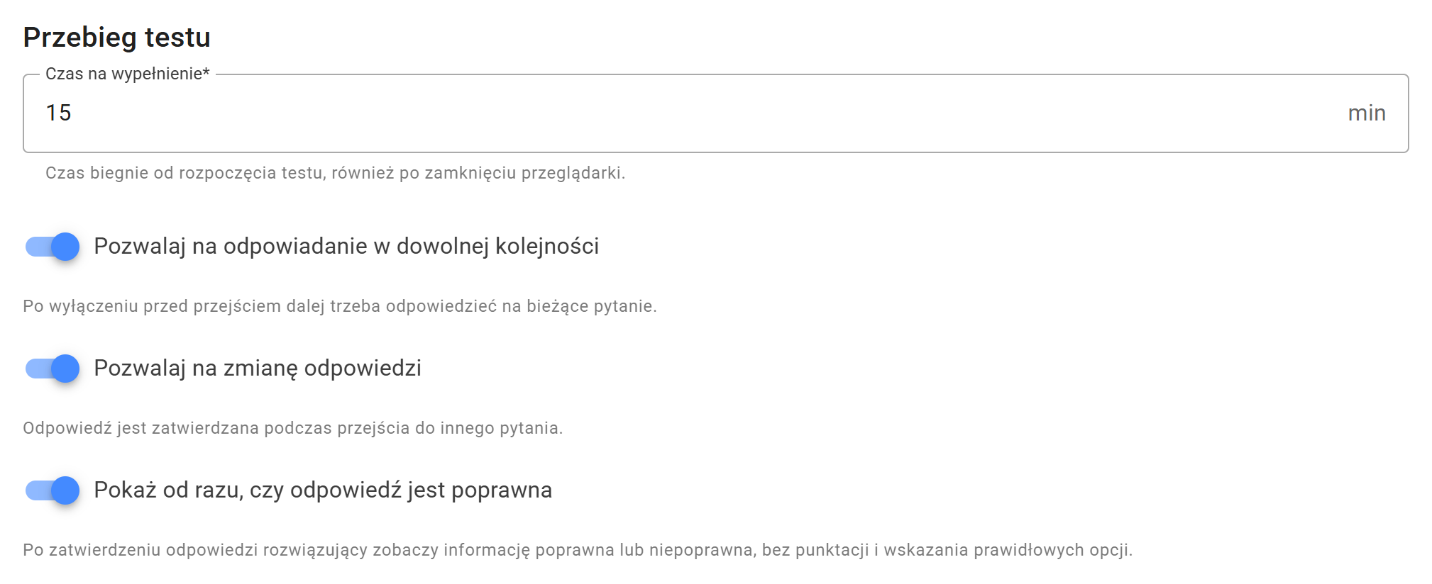 Przełączniki dowolnej kolejności, zmiany odpowiedzi i natychmiastowej informacji o poprawności