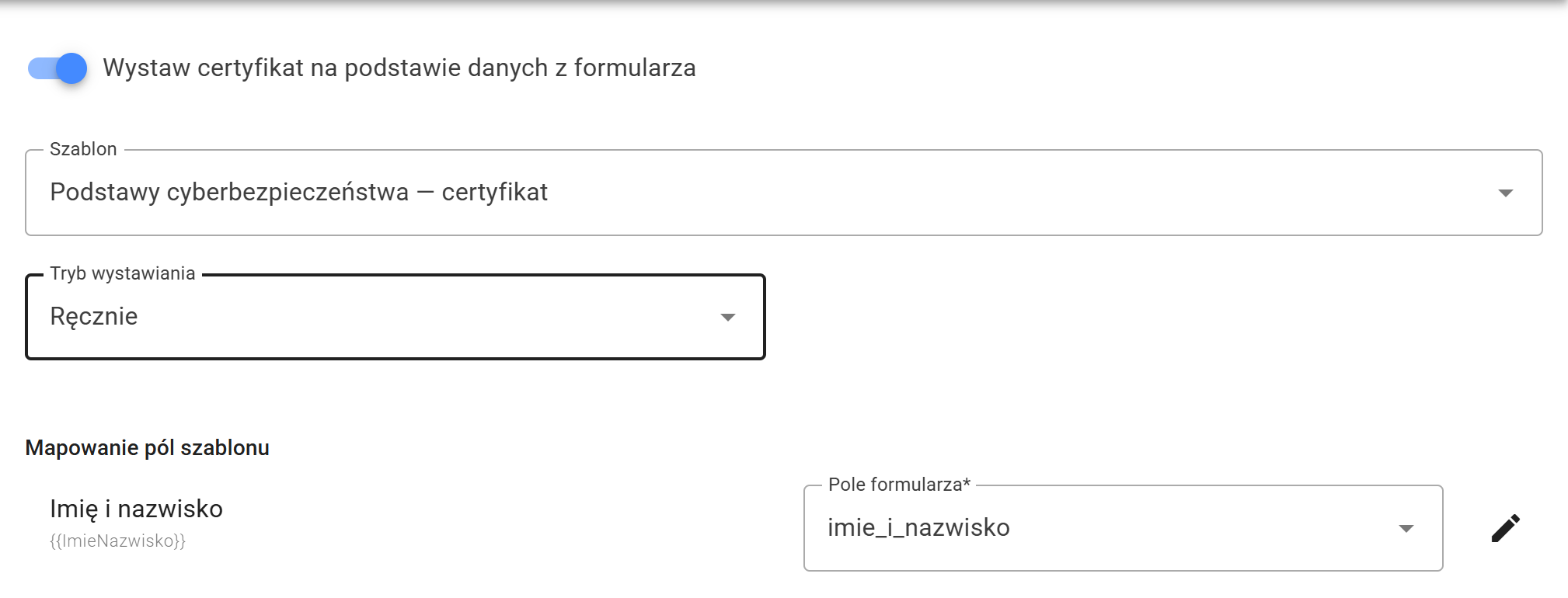 Wybrany szablon szkolenia i przyporządkowanie imienia i nazwiska do pola formularza