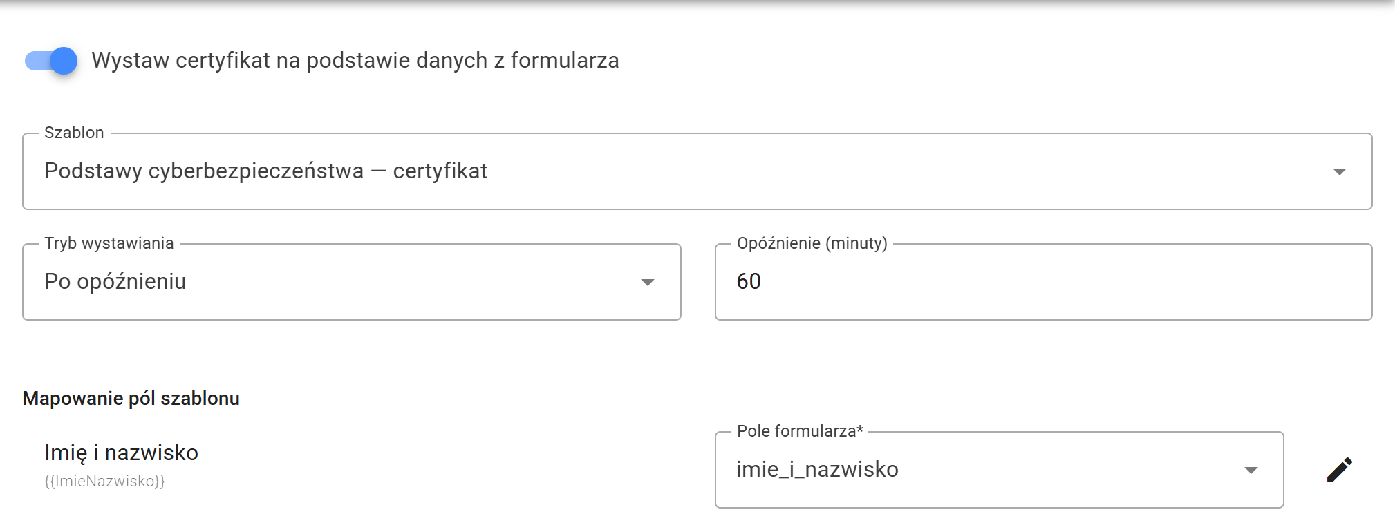 Automatyczne wystawianie certyfikatu po 60 minutach od zgłoszenia