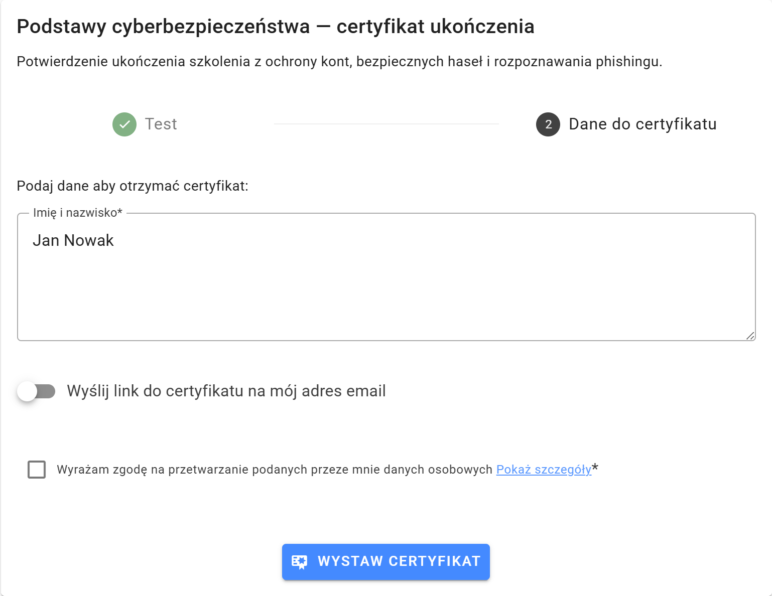 Formularz danych certyfikatu dostępny po zaliczeniu testu, uzupełniony fikcyjnym imieniem i nazwiskiem