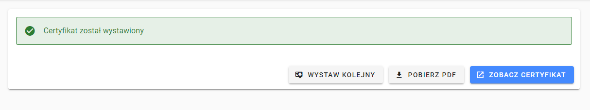 Wystawianie certyfikatu – pojedynczy dokument — potwierdzenie wystawienia