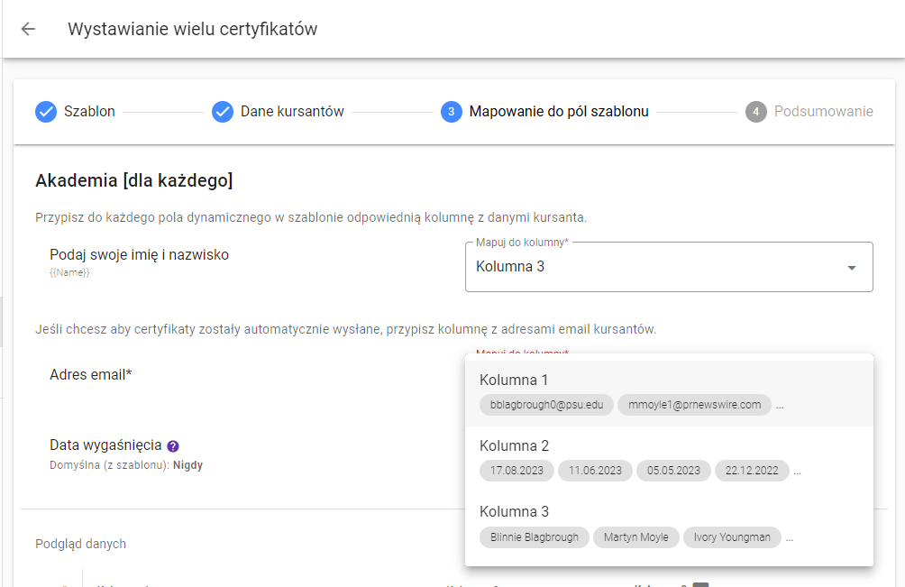 Przyporządkowanie kolumn arkusza do pól certyfikatu