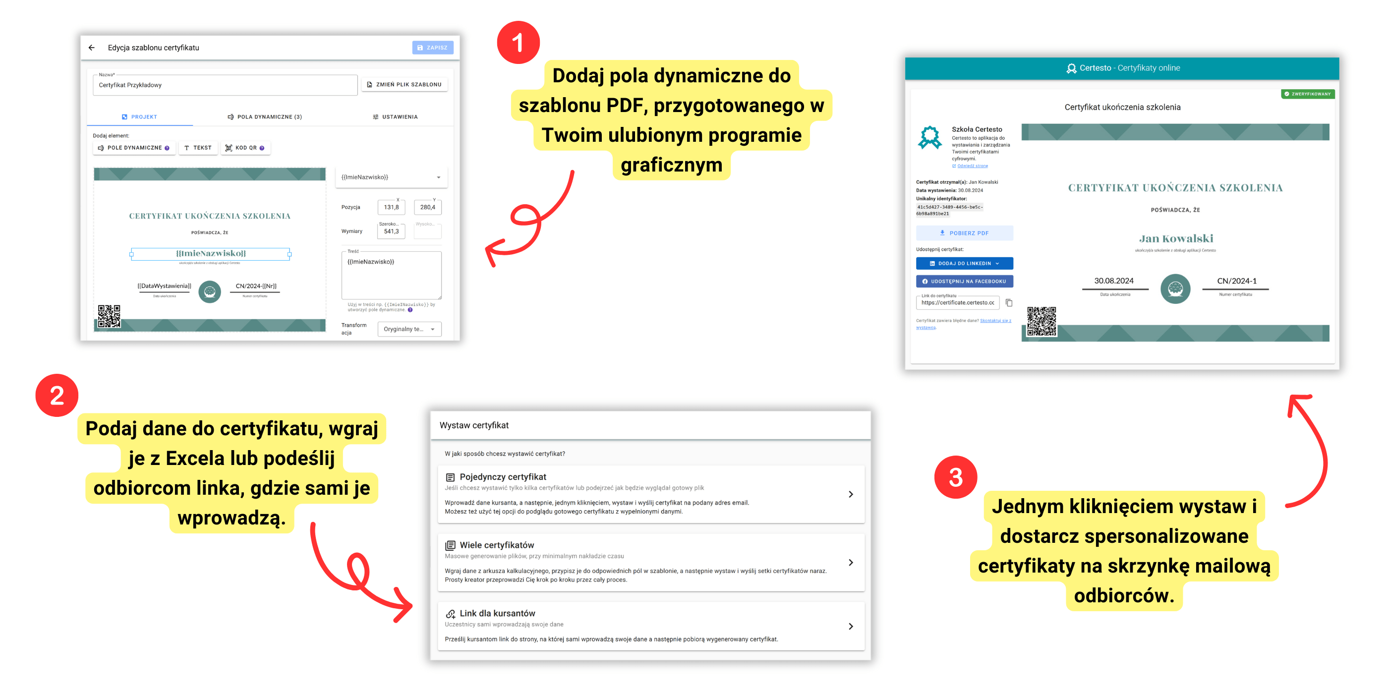 Przygotuj szablon, dodaj dane uczestników i wystaw certyfikaty. Kursanci otrzymają własne dokumenty i będą mogli je udostępniać.