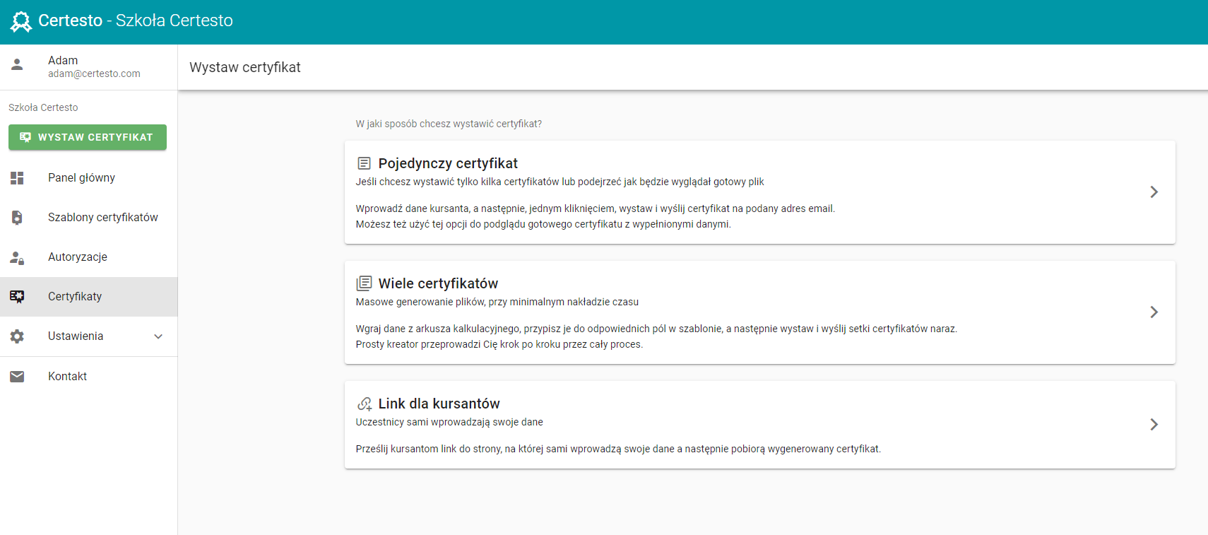 Wystawianie certyfikatu – pojedynczy dokument — wybor trybu wystawiania